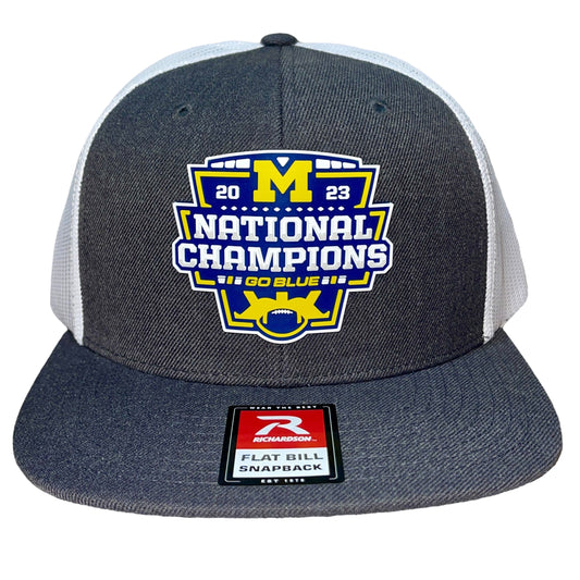 Michigan College Football Playoff 2023 National Champions Wool Blend Flat Bill Hat- Heather Charcoal/ White - Ten Gallon Hat Co.