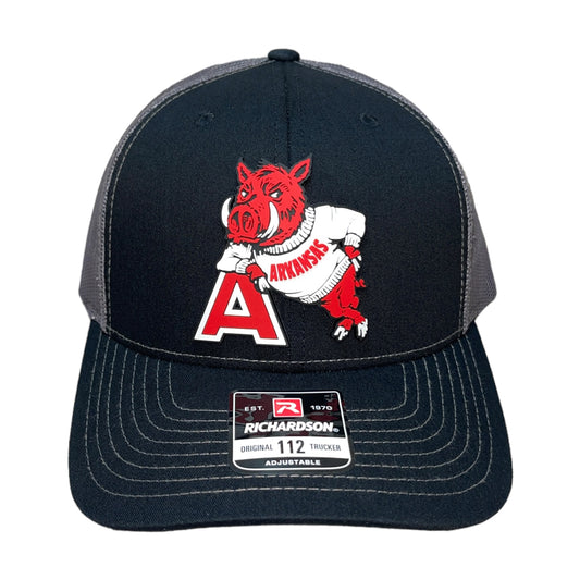 Arkansas Razorbacks- Leaning A 3D Snapback Trucker Hat- Black/ Charcoal