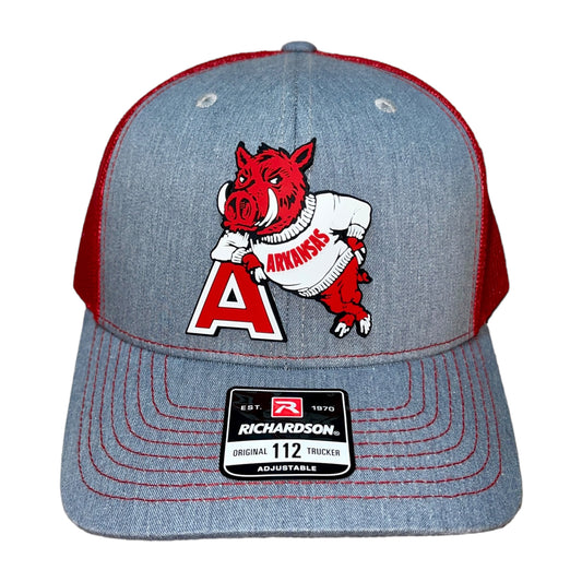 Arkansas Razorbacks- Leaning A 3D Snapback Trucker Hat- Heather Grey/ Red