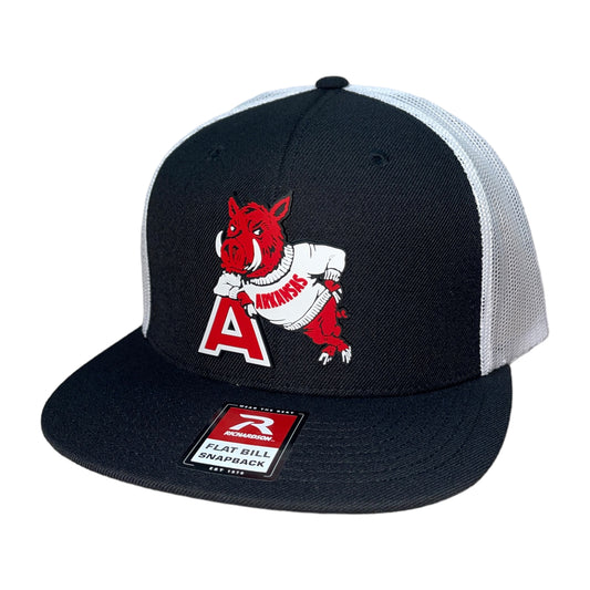 Arkansas Razorbacks- Leaning A 3D Wool Blend Flat Bill Hat- Black/ White