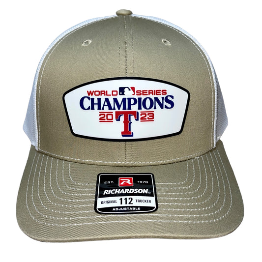 Texas Rangers 2023 World Series Champions 3D Snapback Trucker Hat- Khaki/ White