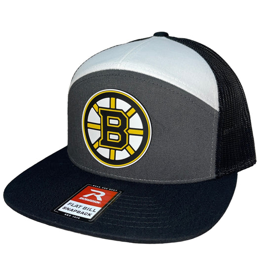 Boston Bruins 3D Snapback Seven-Panel Flat Bill Trucker Hat- Charcoal/ White/ Black - Ten Gallon Hat Co.