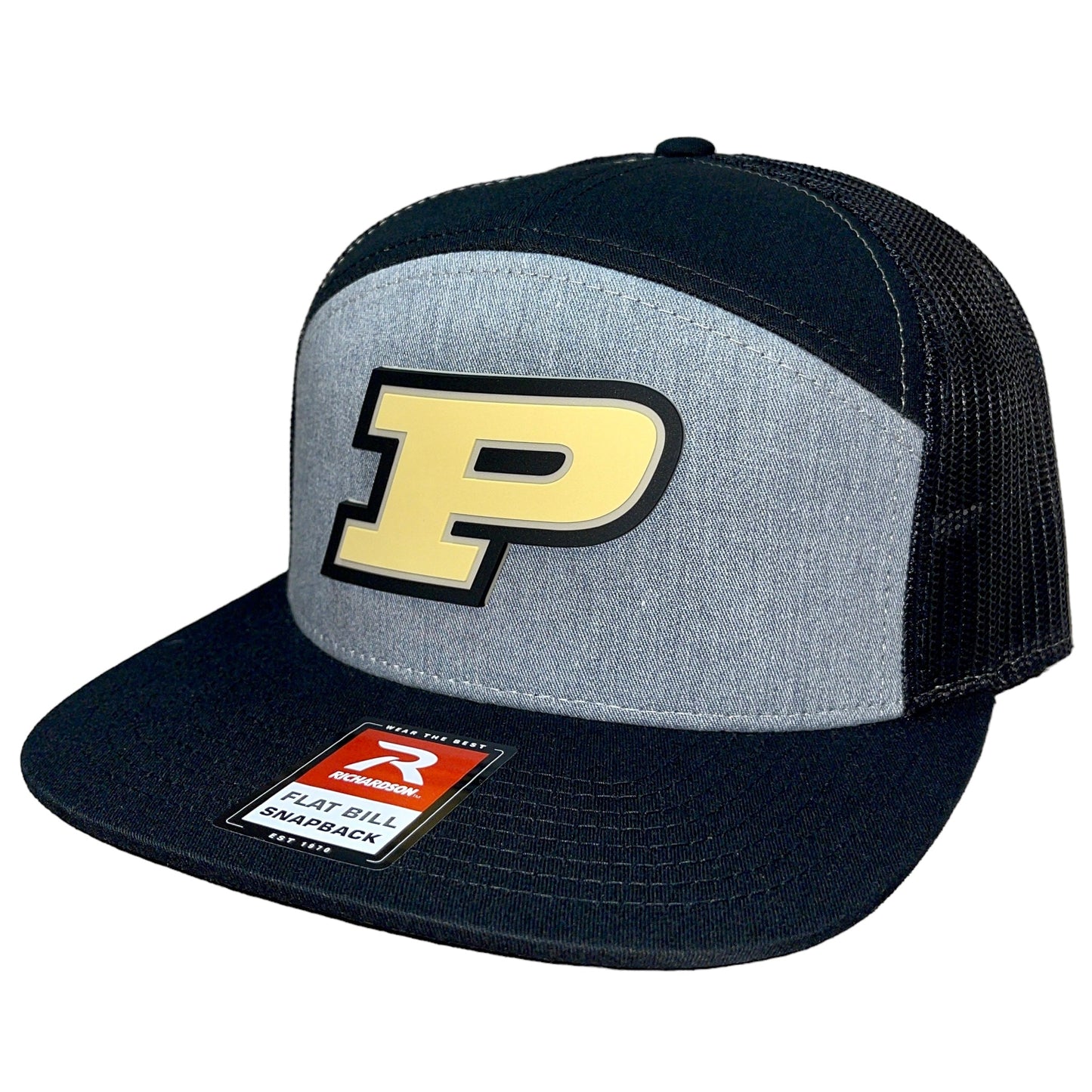 Purdue Boilermakers 3D Snapback Seven-Panel Flat Bill Trucker Hat- Heather Grey/ Black - Ten Gallon Hat Co.