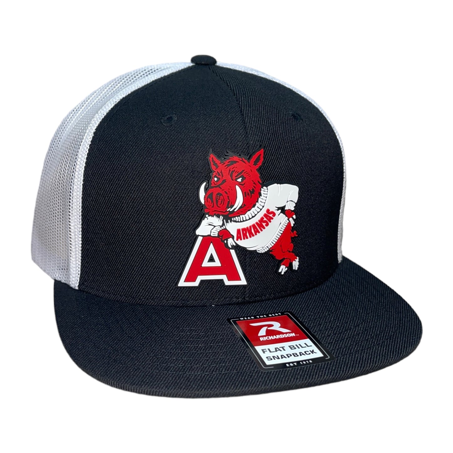 Arkansas Razorbacks- Leaning A 3D Wool Blend Flat Bill Hat- Black/ White