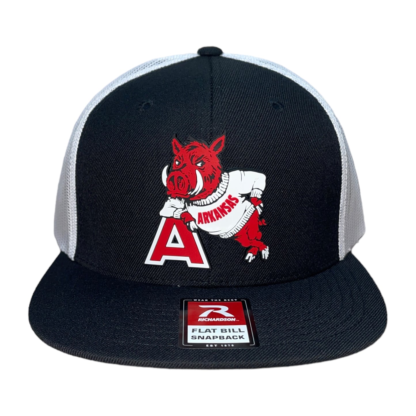 Arkansas Razorbacks- Leaning A 3D Wool Blend Flat Bill Hat- Black/ White