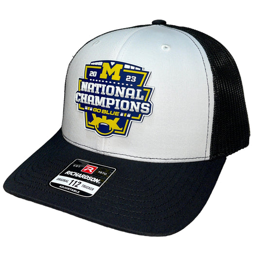 Michigan College Football Playoff 2023 National Champions 3D Snapback Trucker Hat- White/ Black - Ten Gallon Hat Co.