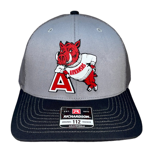 Arkansas Razorbacks- Leaning A 3D Snapback Trucker Hat- Grey/ Charcoal/ Black