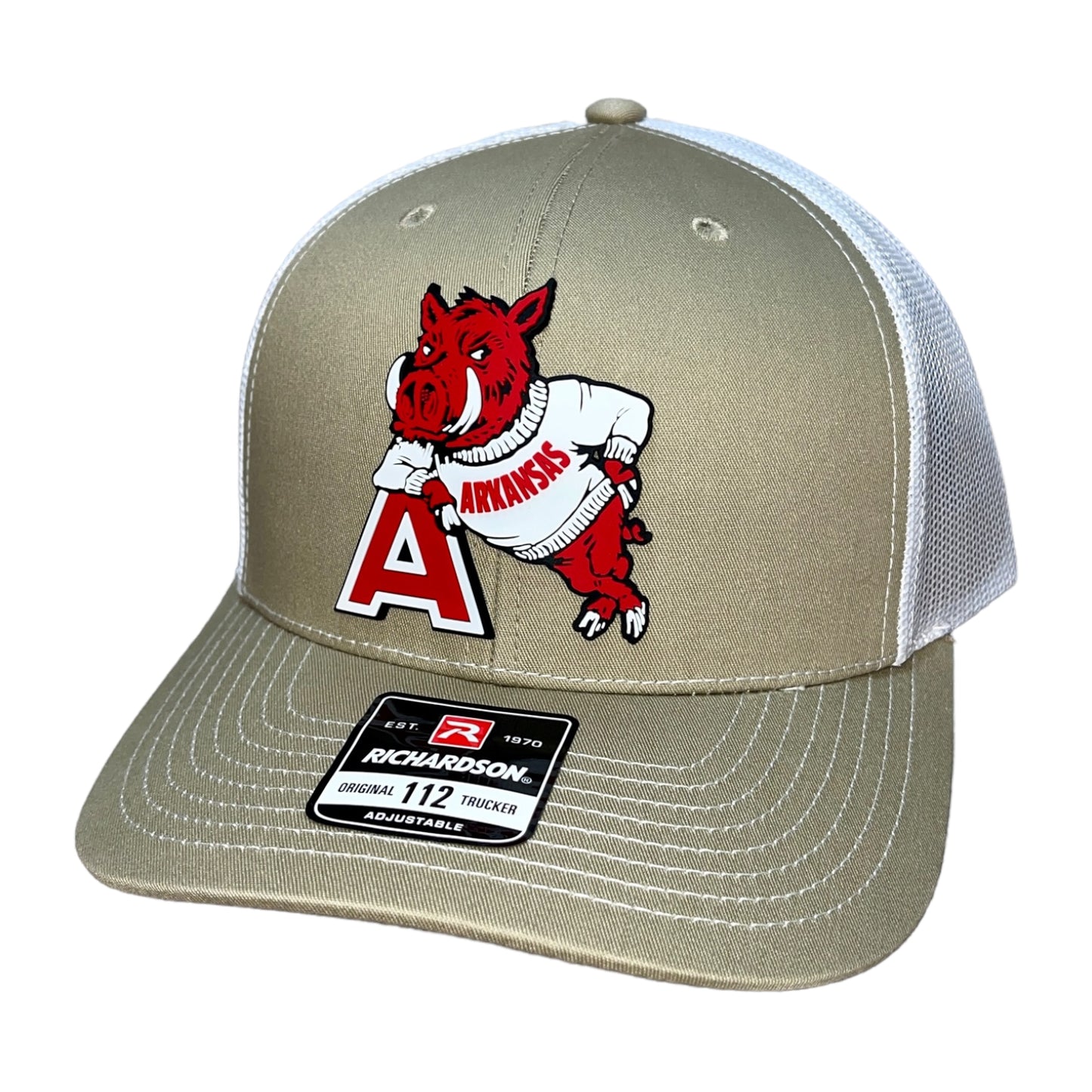 Arkansas Razorbacks- Leaning A 3D Snapback Trucker Hat- Tan/ White