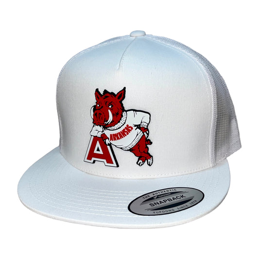 Arkansas Razorbacks- Leaning A 3D YP Snapback Flat Bill Trucker Hat- White