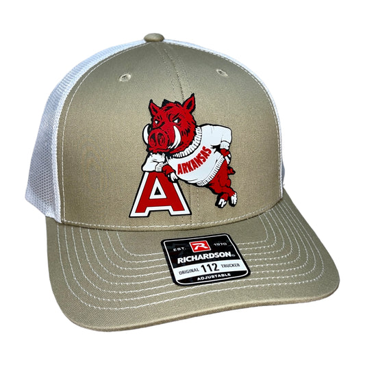 Arkansas Razorbacks- Leaning A 3D Snapback Trucker Hat- Tan/ White