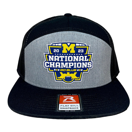 Michigan College Football Playoff 2023 National Champions 3D Snapback Seven-Panel Trucker Hat- Grey/ Black - Ten Gallon Hat Co.