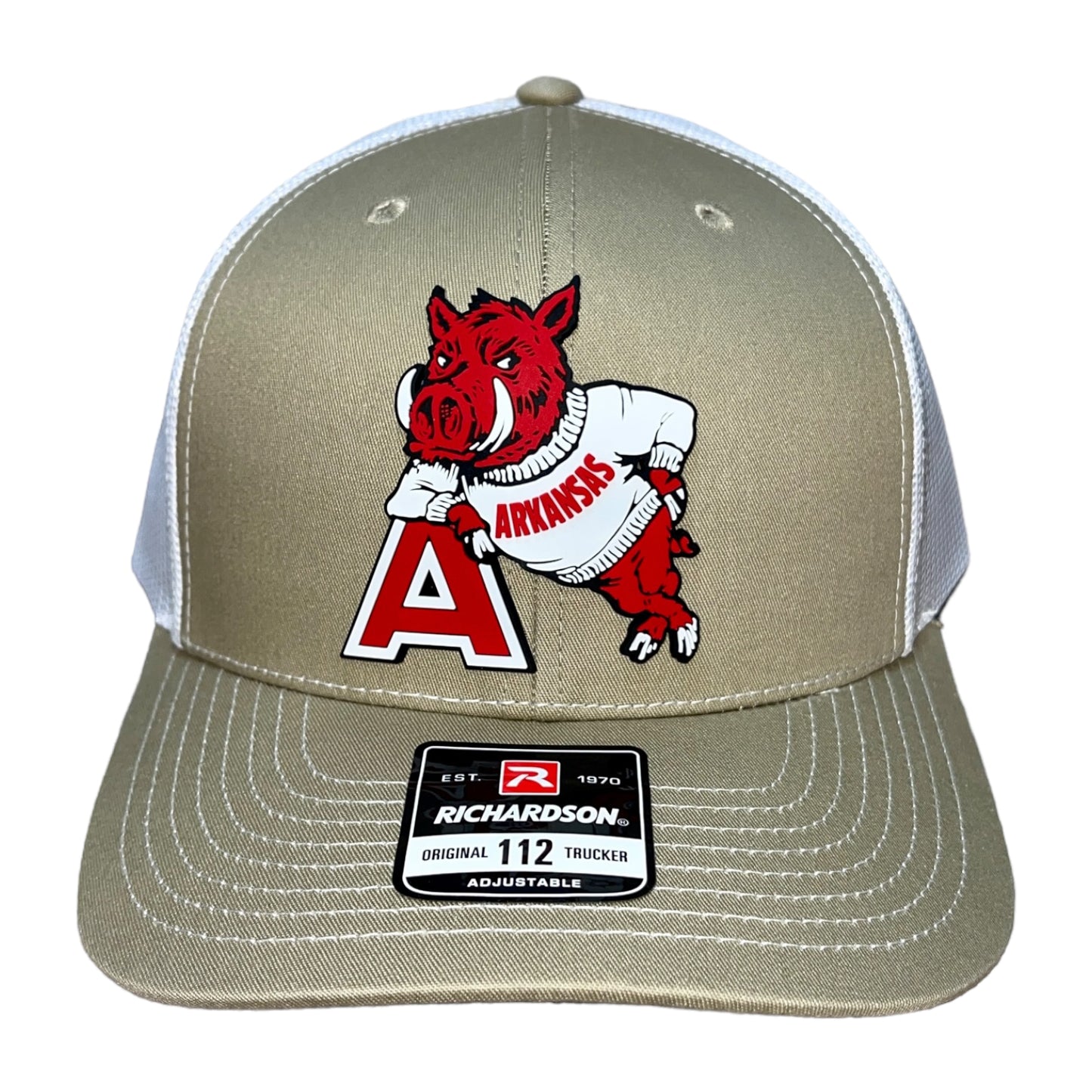 Arkansas Razorbacks- Leaning A 3D Snapback Trucker Hat- Tan/ White