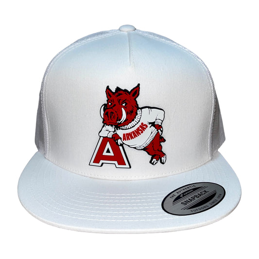 Arkansas Razorbacks- Leaning A 3D YP Snapback Flat Bill Trucker Hat- White