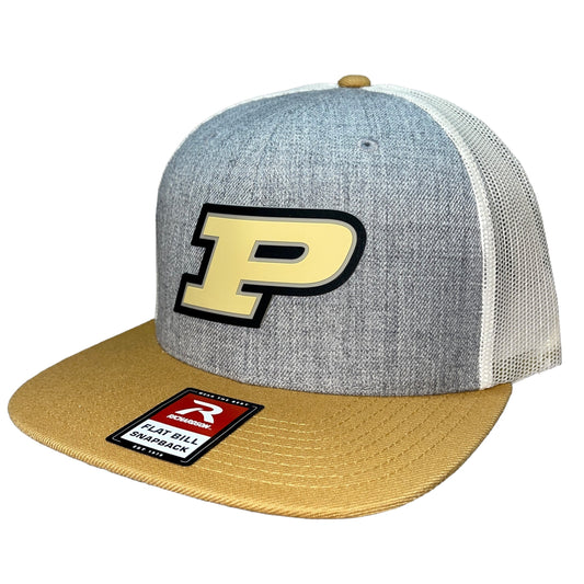 Purdue Boilermakers 3D Wool Blend Flat Bill Hat- Heather Grey/ Birch/ Biscuit - Ten Gallon Hat Co.