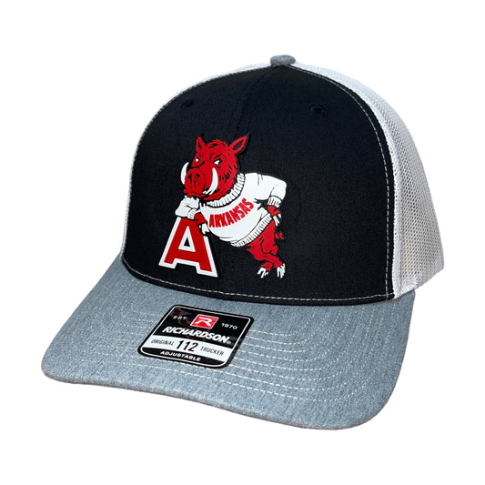 Arkansas Razorbacks- Leaning A 3D Snapback Trucker Hat- Black/ White/ Heather Grey