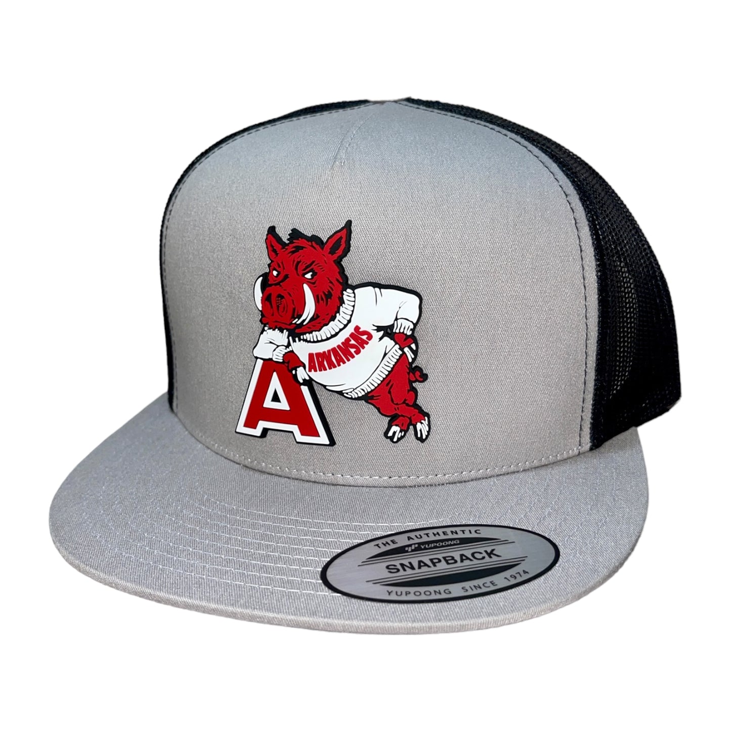 Arkansas Razorbacks- Leaning A 3D YP Snapback Flat Bill Trucker Hat- Silver/ Black