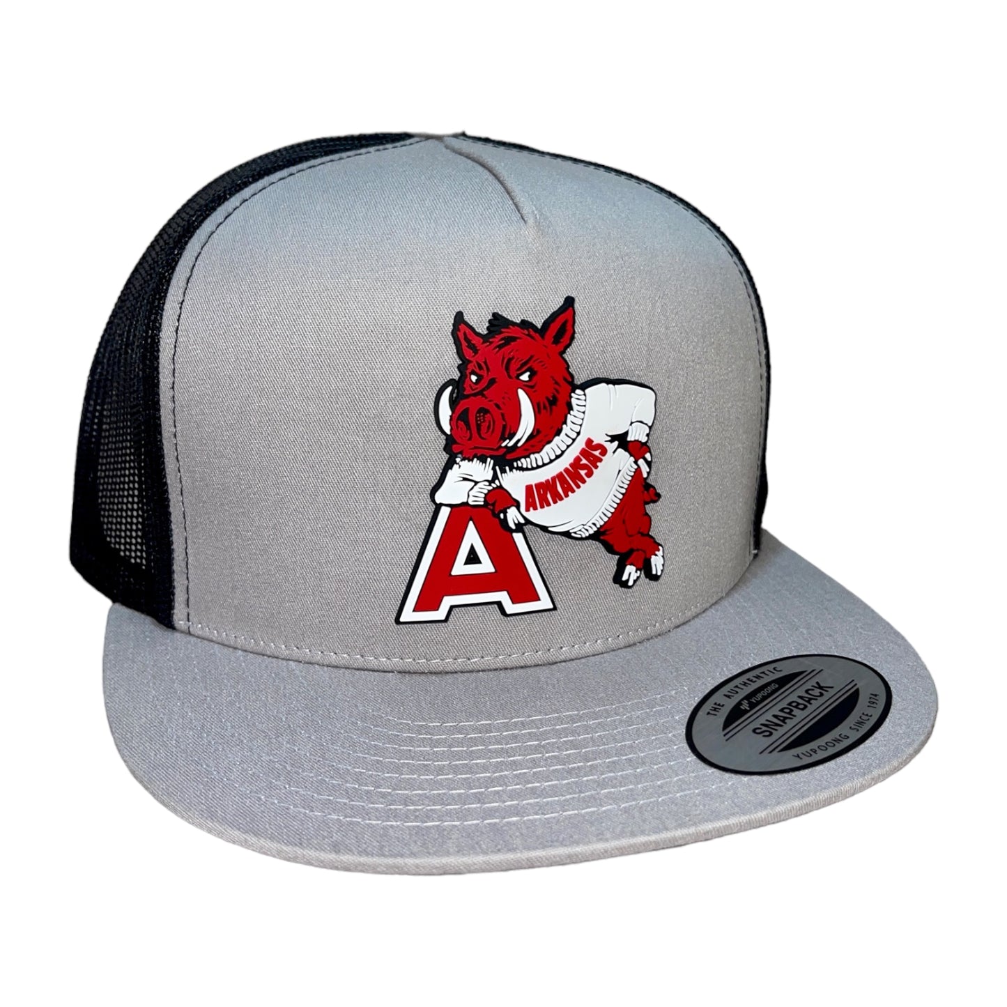 Arkansas Razorbacks- Leaning A 3D YP Snapback Flat Bill Trucker Hat- Silver/ Black