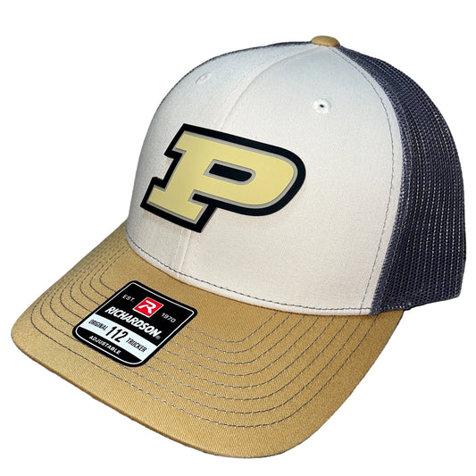 Purdue Boilermakers 3D Snapback Trucker Hat- Mink Beige/ Charcoal/ Amber Gold - Ten Gallon Hat Co.