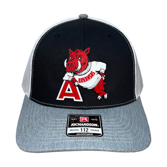 Arkansas Razorbacks- Leaning A 3D Snapback Trucker Hat- Black/ White/ Heather Grey