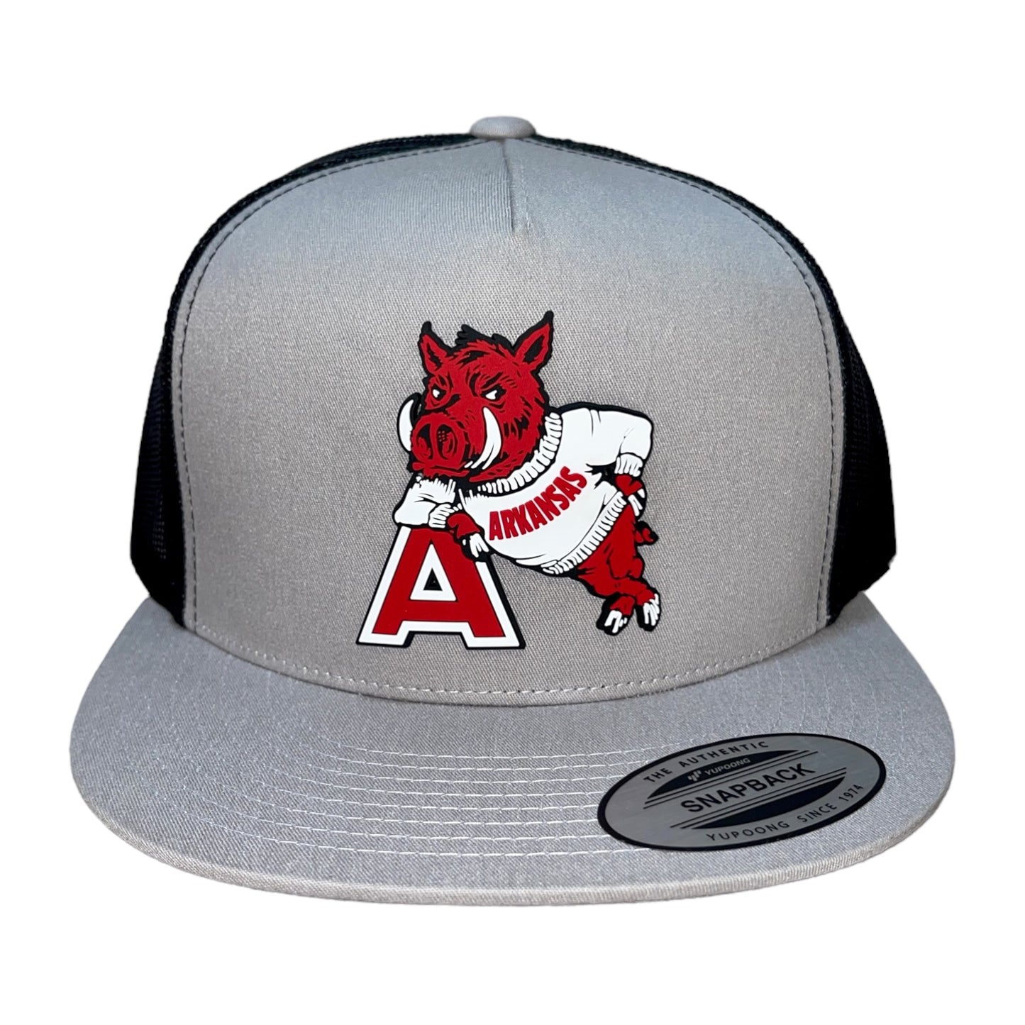 Arkansas Razorbacks- Leaning A 3D YP Snapback Flat Bill Trucker Hat- Silver/ Black