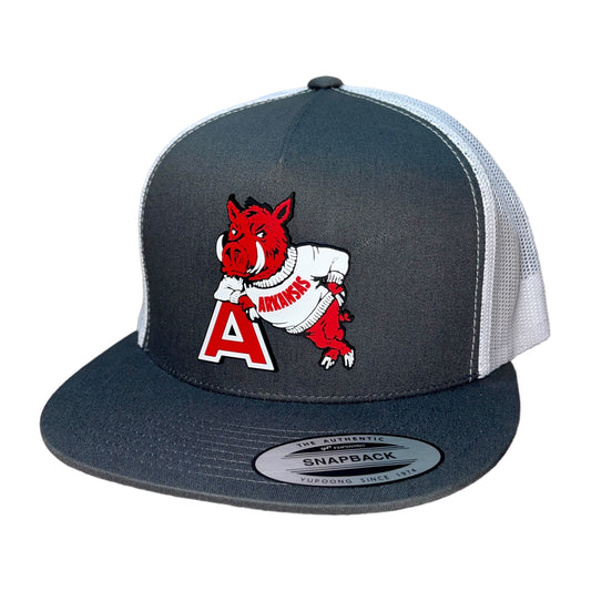 Arkansas Razorbacks- Leaning A 3D YP Snapback Flat Bill Trucker Hat- Charcoal/ White