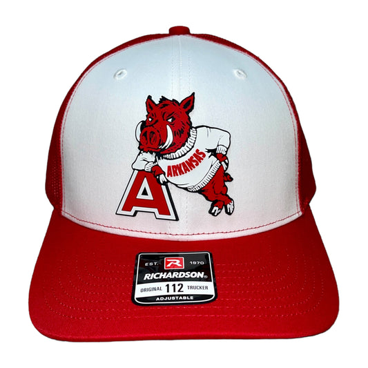 Arkansas Razorbacks- Leaning A 3D Snapback Trucker Hat- White/ Red