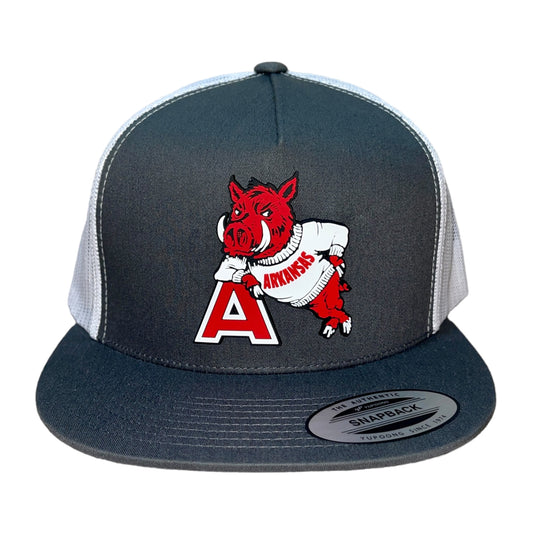 Arkansas Razorbacks- Leaning A 3D YP Snapback Flat Bill Trucker Hat- Charcoal/ White