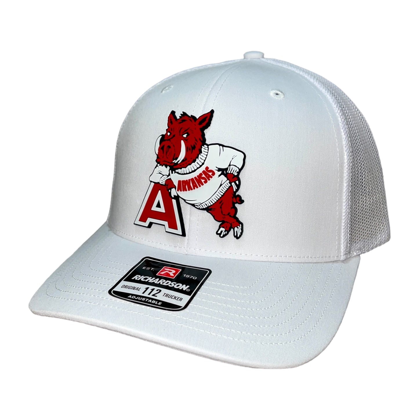 Arkansas Razorbacks- Leaning A 3D Snapback Trucker Hat- White