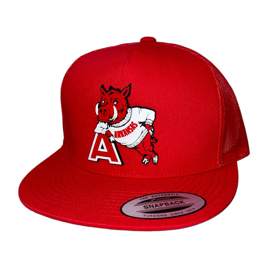 Arkansas Razorbacks- Leaning A 3D YP Snapback Flat Bill Trucker Hat- Red