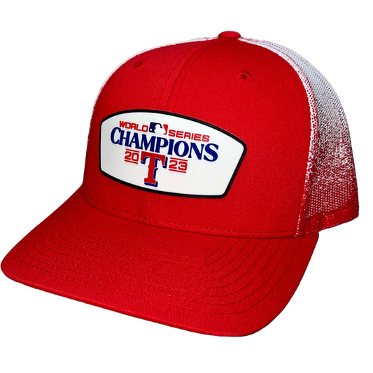 Texas Rangers 2023 World Series Champions 3D Patterned Mesh Trucker Hat- Red/ Red to White Fade