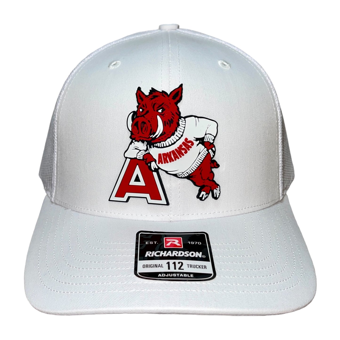 Arkansas Razorbacks- Leaning A 3D Snapback Trucker Hat- White