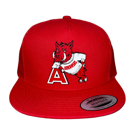 Arkansas Razorbacks- Leaning A 3D YP Snapback Flat Bill Trucker Hat- Red