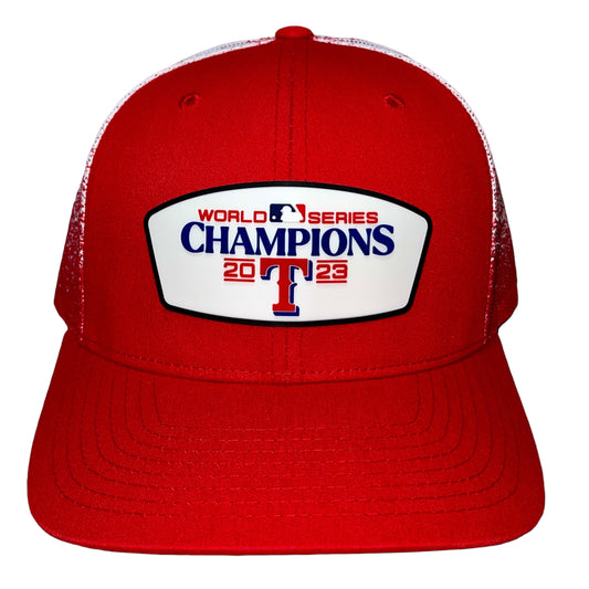 Texas Rangers 2023 World Series Champions 3D Patterned Mesh Trucker Hat- Red/ Red to White Fade