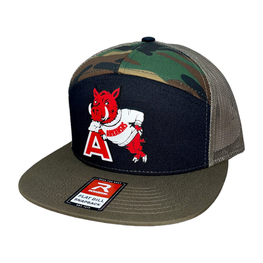 Arkansas Razorbacks- Leaning A 3D Snapback Seven-Panel Trucker Hat- Black/ Camo/ Loden