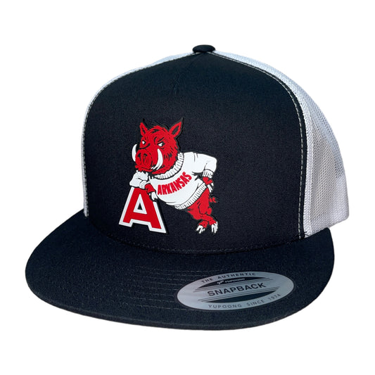 Arkansas Razorbacks- Leaning A 3D YP Snapback Flat Bill Trucker Hat- Black/ White