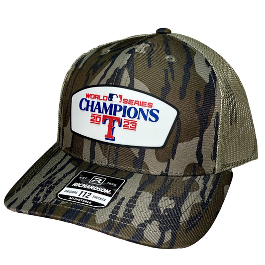 Texas Rangers 2023 World Series Champions Snapback Trucker Hat- Mossy Oak Bottomland/ Loden