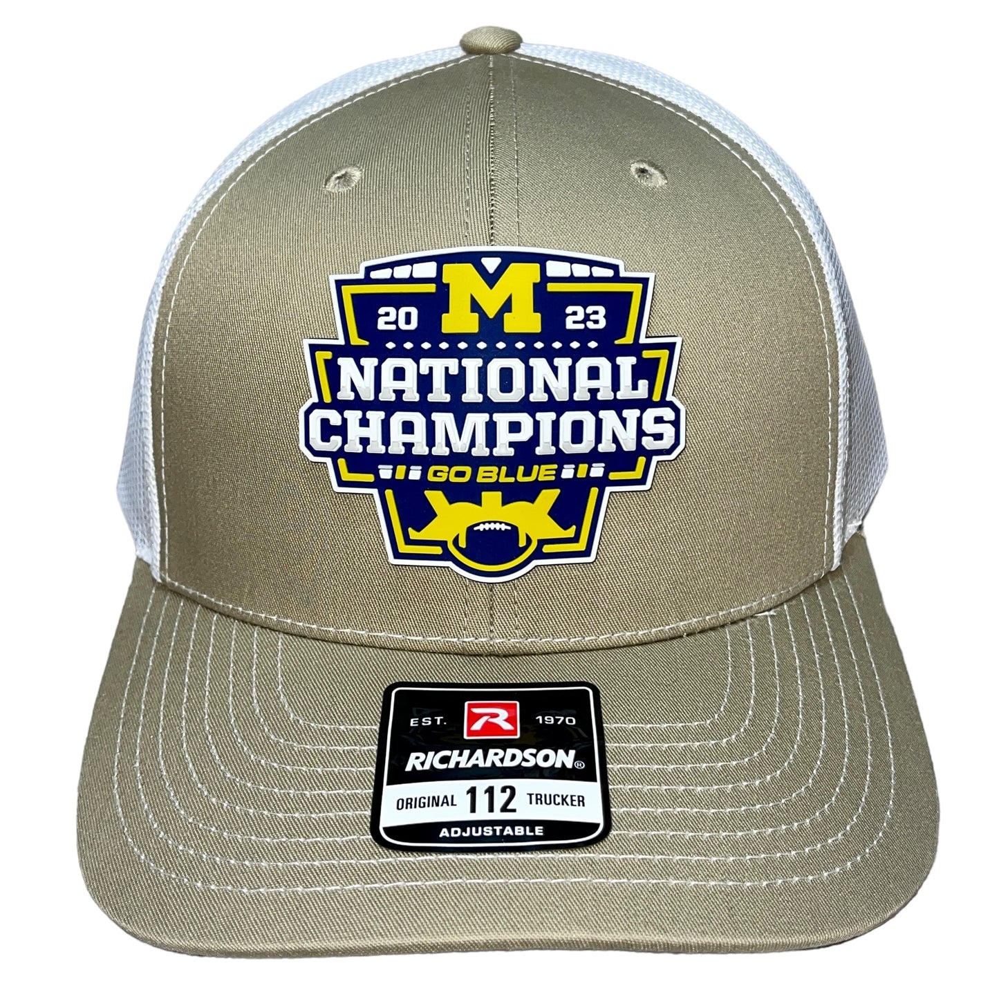 Michigan College Football Playoff 2023 National Champions 3D Snapback Trucker Hat- Tan/ White - Ten Gallon Hat Co.