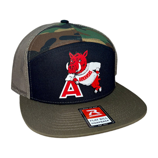 Arkansas Razorbacks- Leaning A 3D Snapback Seven-Panel Trucker Hat- Black/ Camo/ Loden