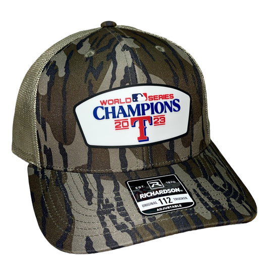 Texas Rangers 2023 World Series Champions Snapback Trucker Hat- Mossy Oak Bottomland/ Loden