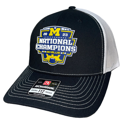 Michigan College Football Playoff 2023 National Champions 3D Snapback Trucker Hat- Black/ White - Ten Gallon Hat Co.