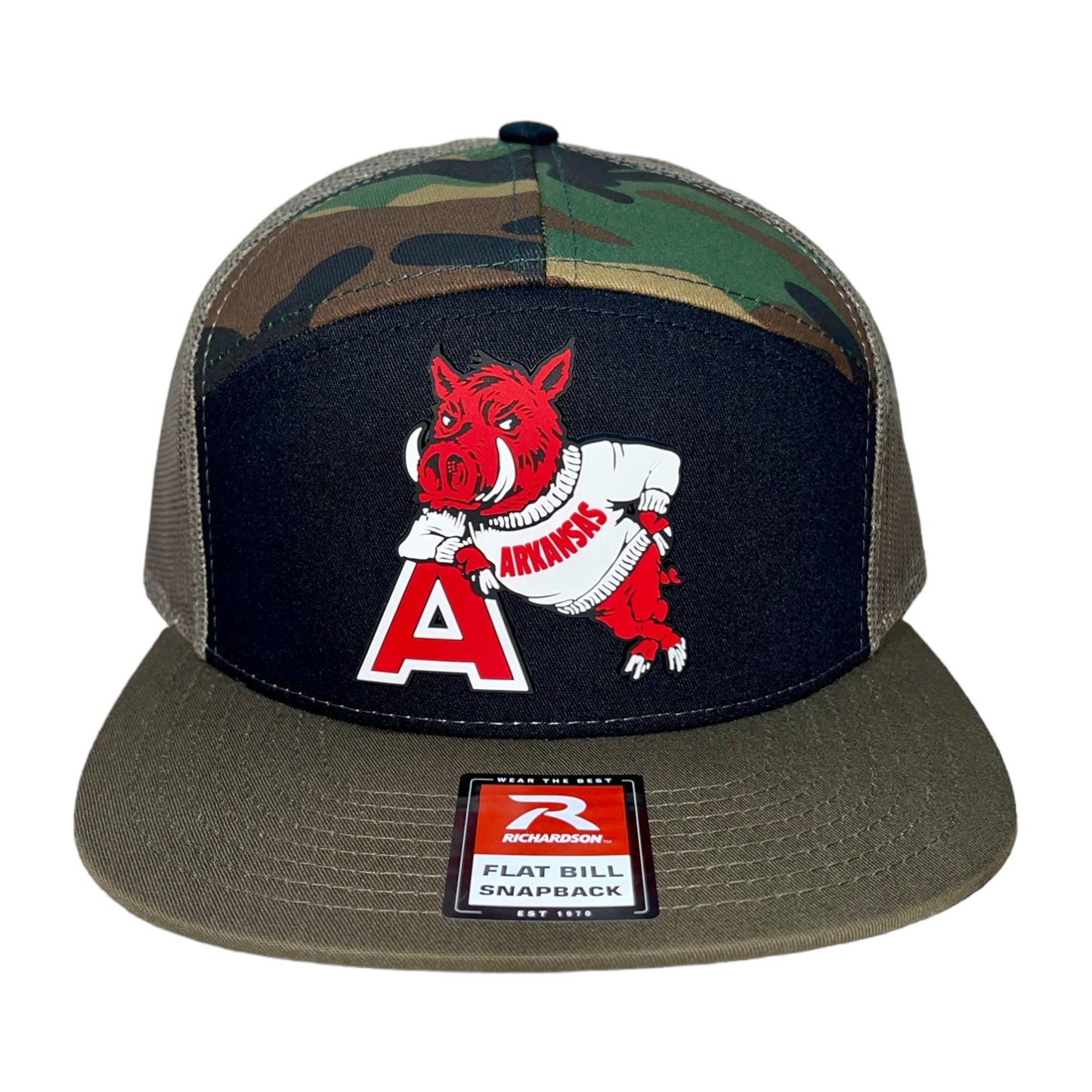 Arkansas Razorbacks- Leaning A 3D Snapback Seven-Panel Trucker Hat- Black/ Camo/ Loden