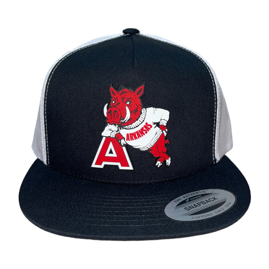 Arkansas Razorbacks- Leaning A 3D YP Snapback Flat Bill Trucker Hat- Black/ White