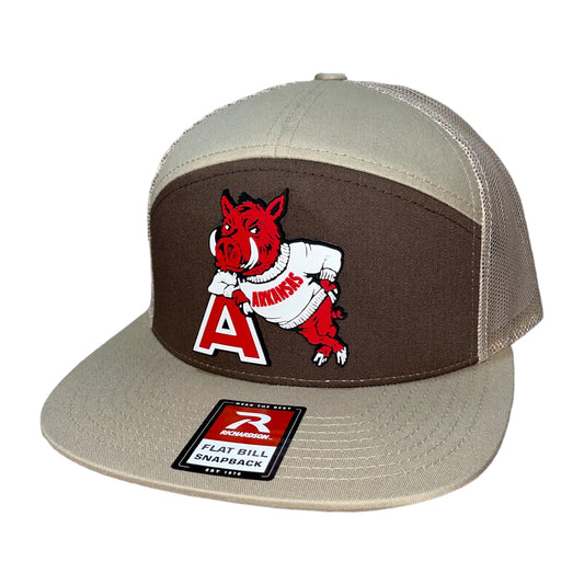 Arkansas Razorbacks- Leaning A 3D Snapback Seven-Panel Trucker Hat- Brown/ Tan