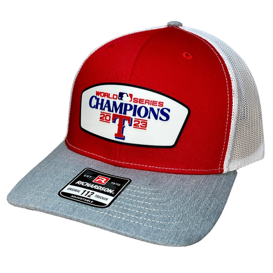 Texas Rangers 2023 World Series Champions 3D Snapback Trucker Hat- Red/ White/ Heather Grey