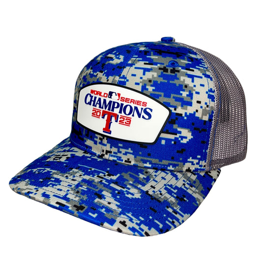 Texas Rangers 2023 World Series Champions Snapback Trucker Hat- Royal Digital Camo