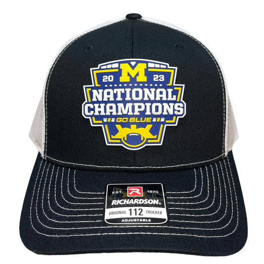 Michigan College Football Playoff 2023 National Champions 3D Snapback Trucker Hat- Black/ White - Ten Gallon Hat Co.