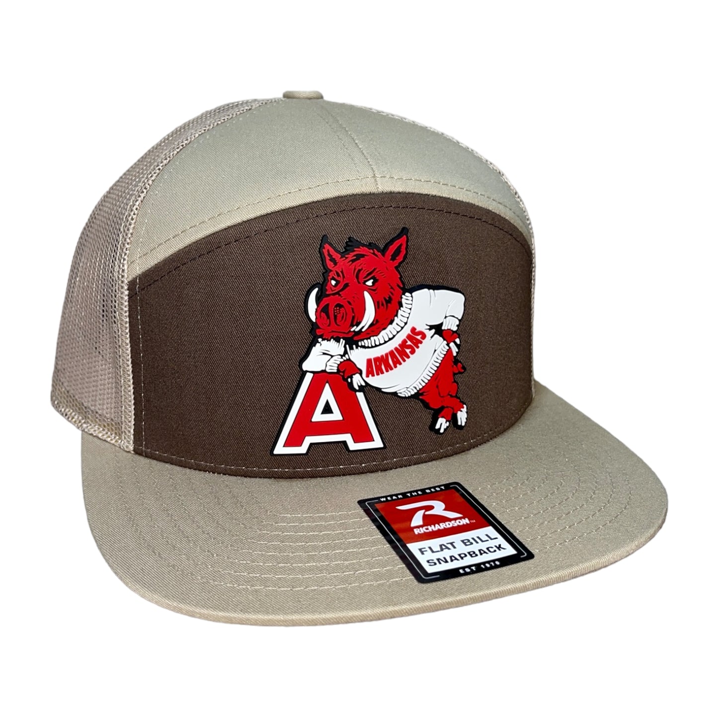 Arkansas Razorbacks- Leaning A 3D Snapback Seven-Panel Trucker Hat- Brown/ Tan