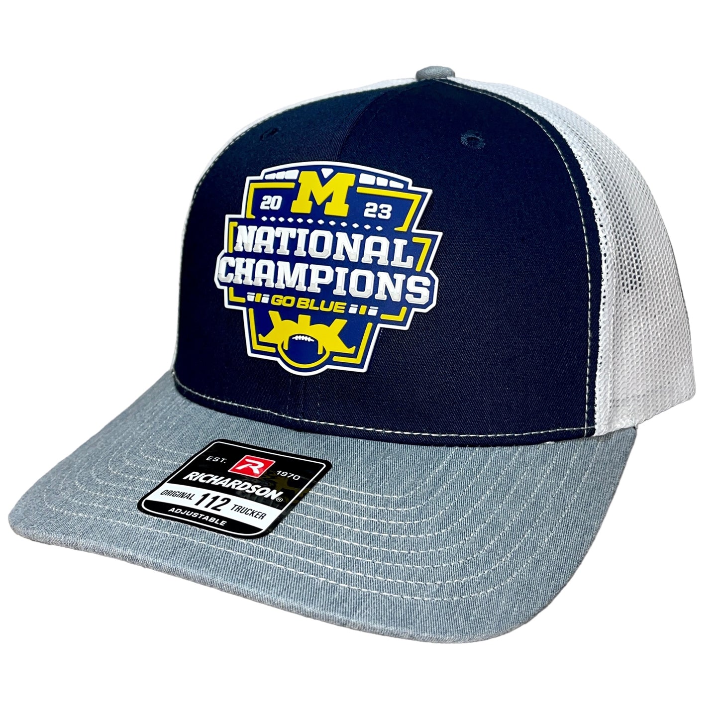 Michigan College Football Playoff 2023 National Champions 3D Snapback Trucker Hat- Navy/ White/ Grey - Ten Gallon Hat Co.