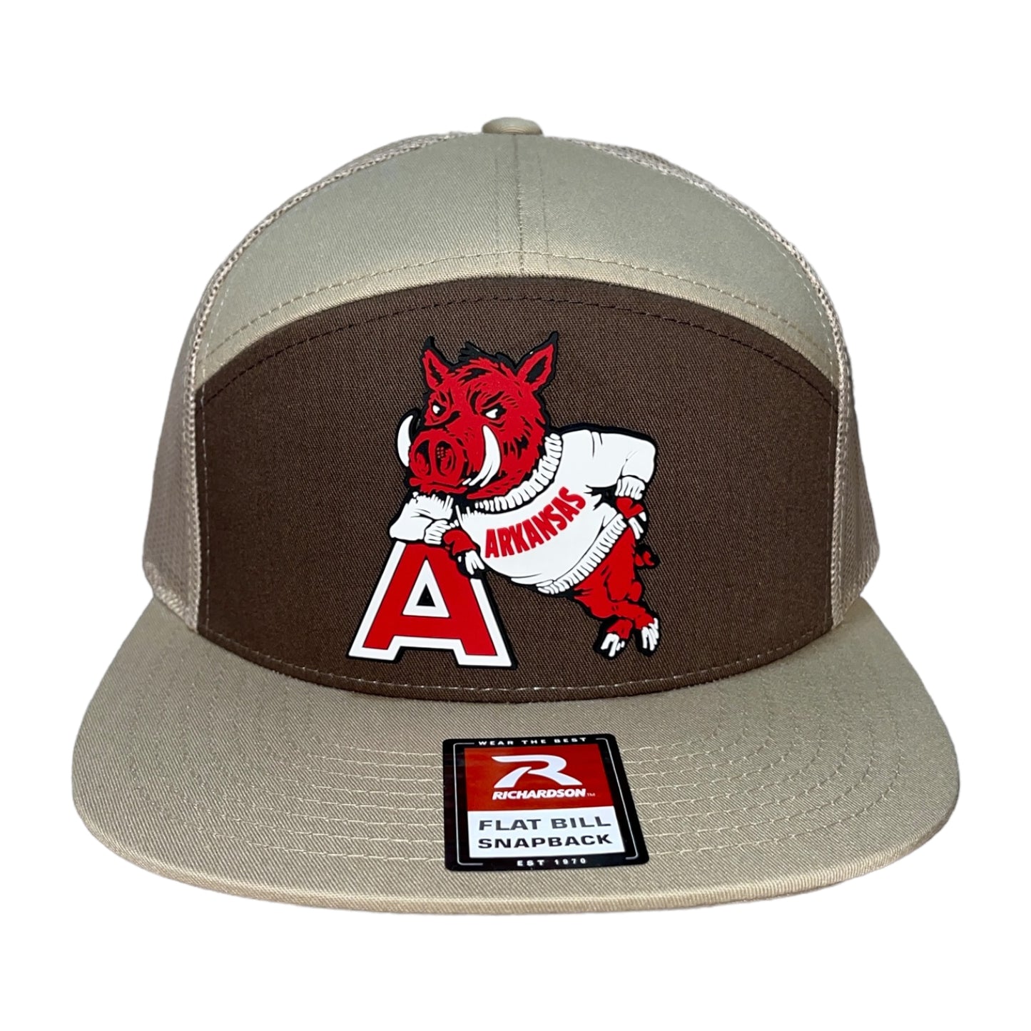 Arkansas Razorbacks- Leaning A 3D Snapback Seven-Panel Trucker Hat- Brown/ Tan