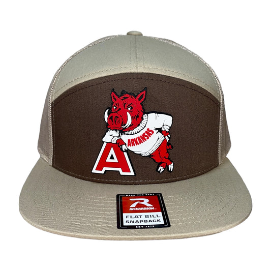 Arkansas Razorbacks- Leaning A 3D Snapback Seven-Panel Trucker Hat- Brown/ Tan